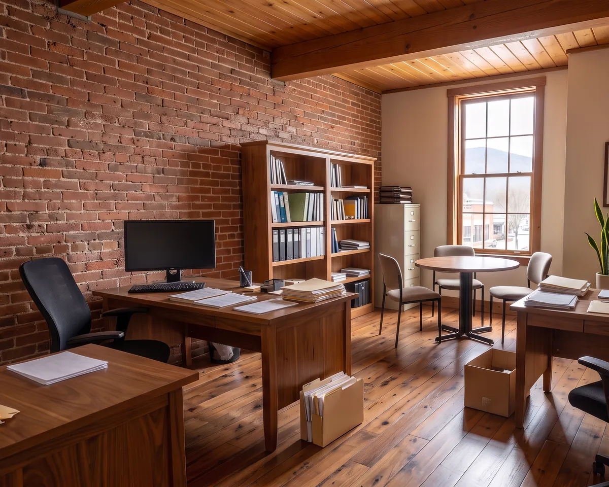 Office after cleaning: clear desks, neat paper stacks and a tidy meeting table