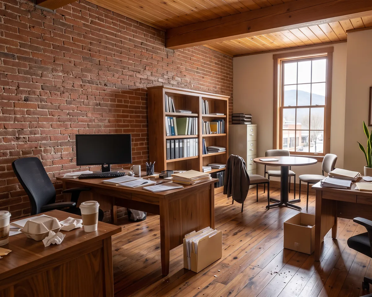 Office before cleaning: coffee cups, takeout and loose papers on the desks