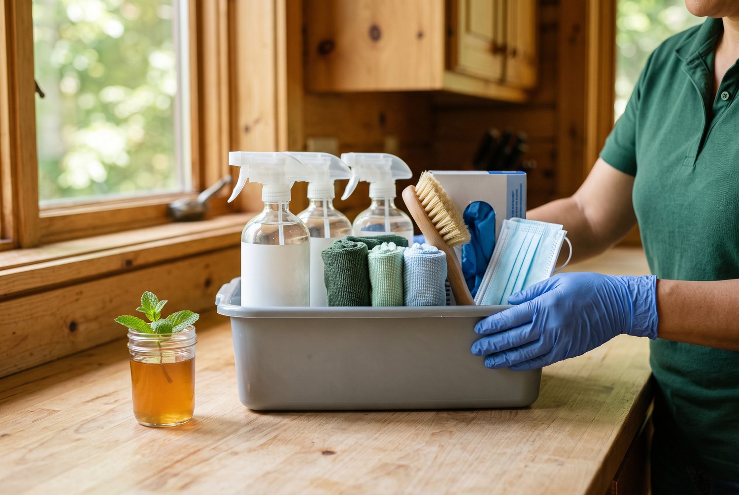 Gloved hands placing a caddy of refillable spray bottles, microfiber cloths, gloves and face masks on a kitchen counter