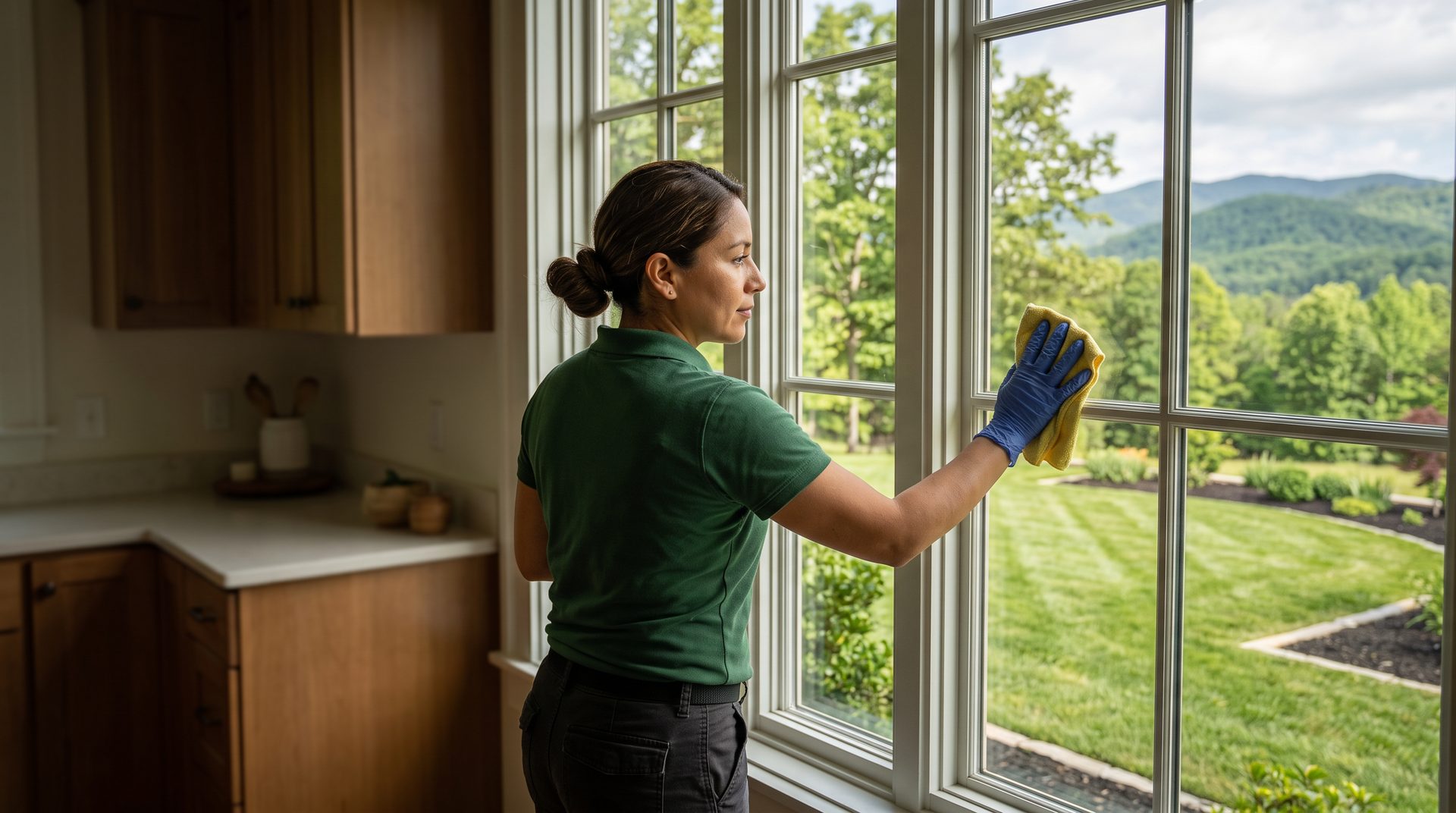 A cleaner in a green polo wiping a kitchen window that looks out on a mowed lawn and the Blue Ridge mountains