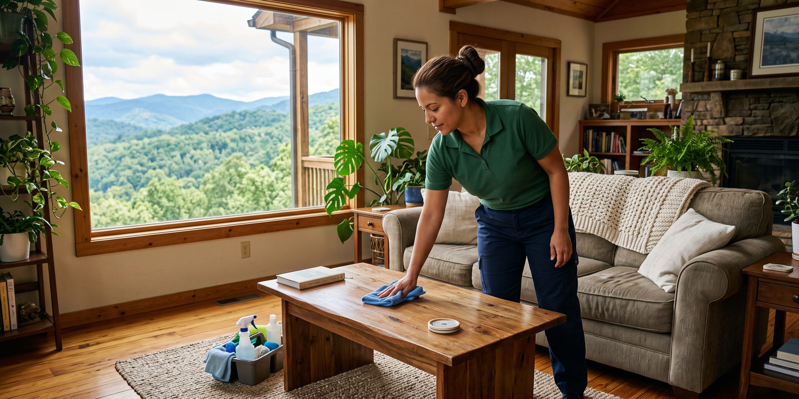 A cleaner dusting a wooden coffee table in a living room with mountain views