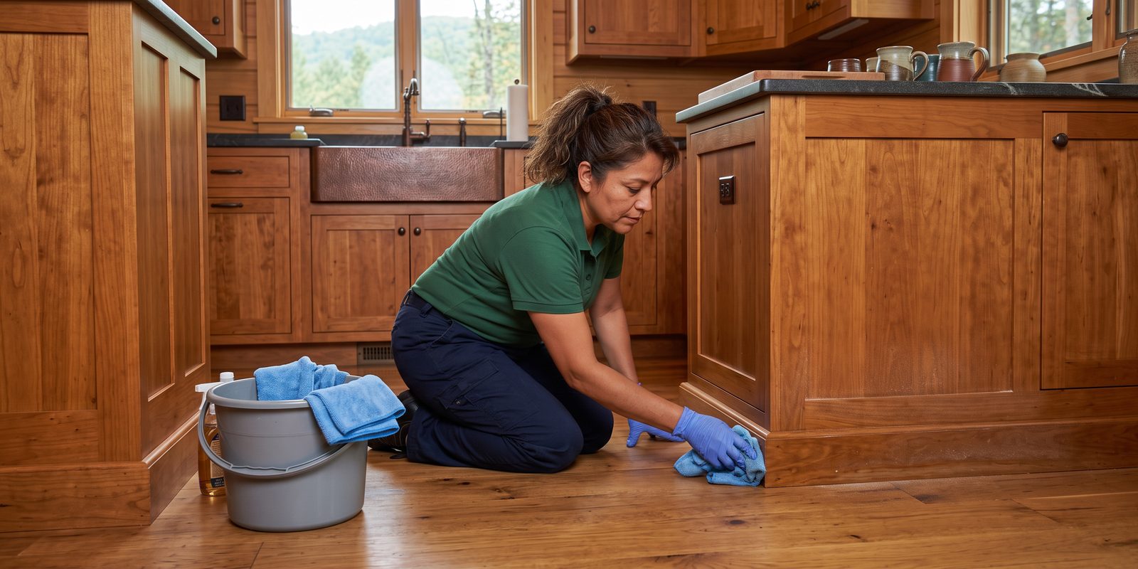 A cleaner on her knees wiping down the lower kitchen cabinets and baseboards