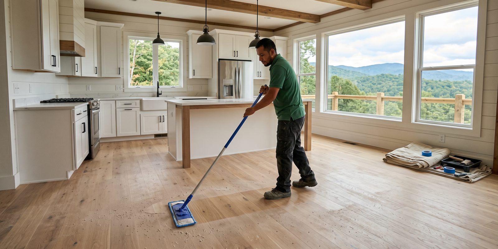 A cleaner mopping construction dust off new hardwood floors in a remodeled kitchen