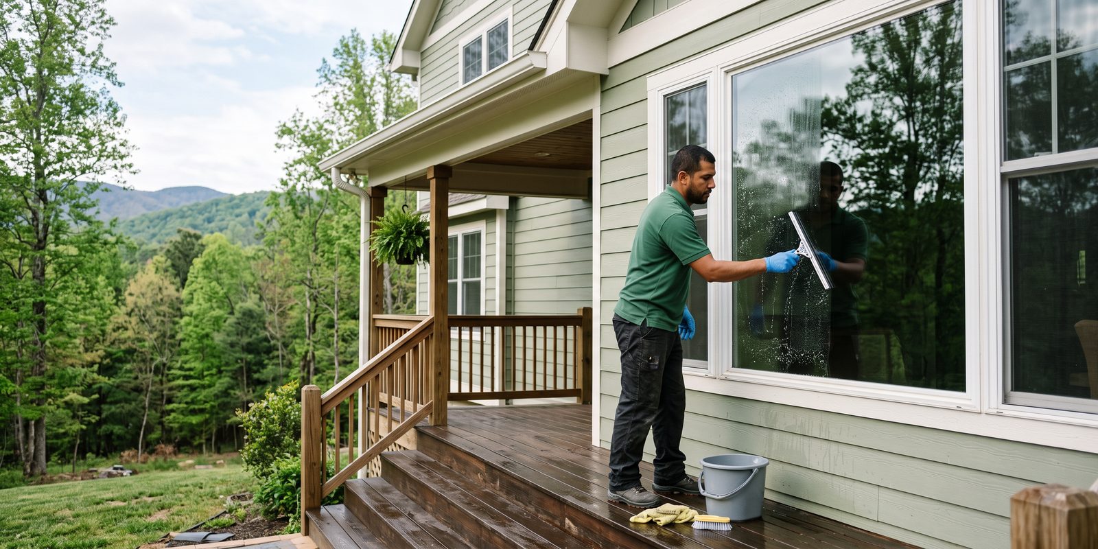 A cleaner squeegeeing a porch window on a house with green siding