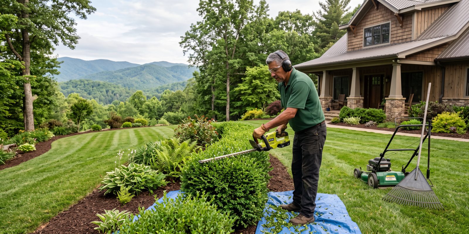 A landscaper in safety glasses and ear protection trimming a hedge in front of a mountain home