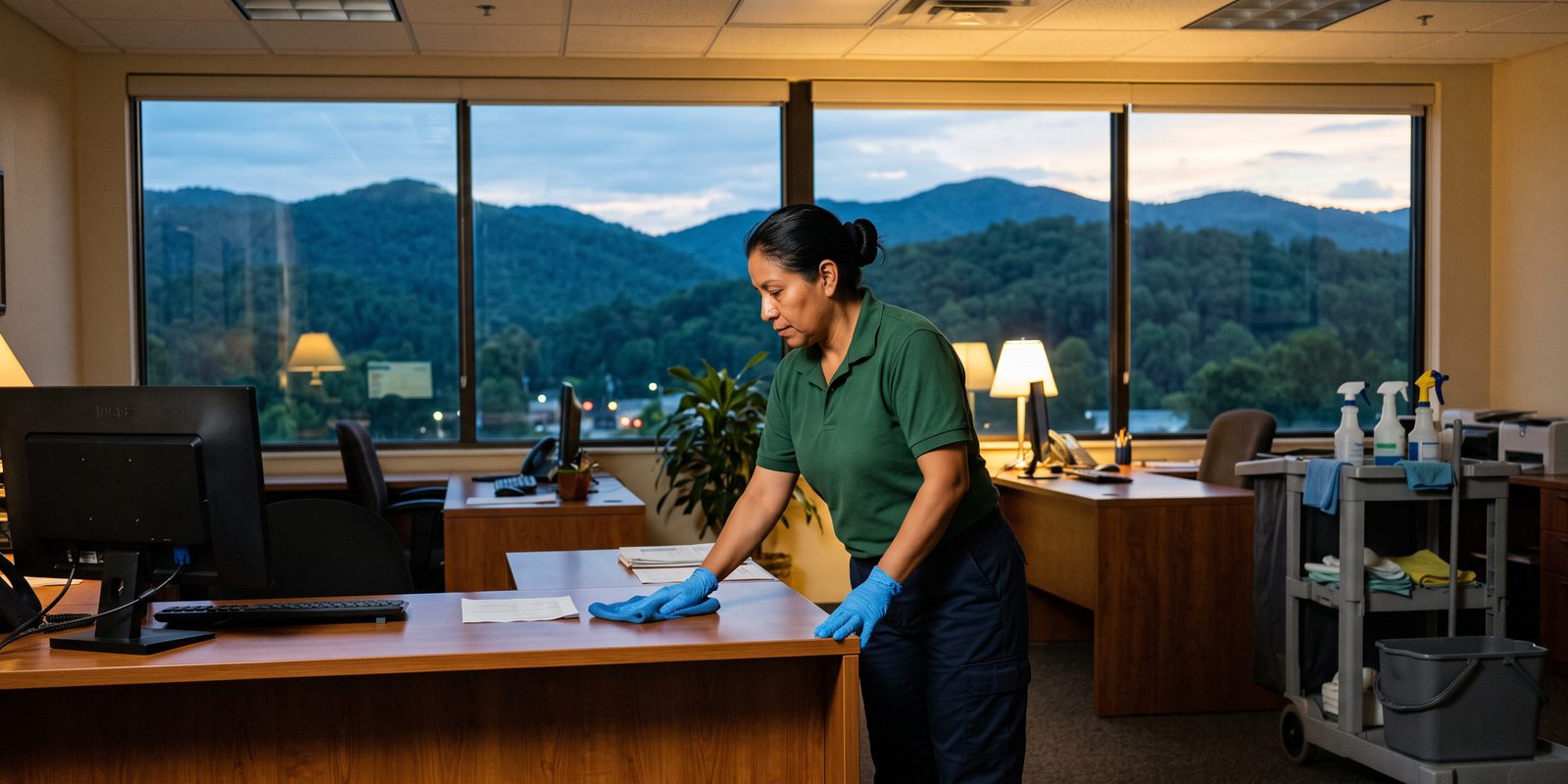 A cleaner wiping down a desk in an office at dusk