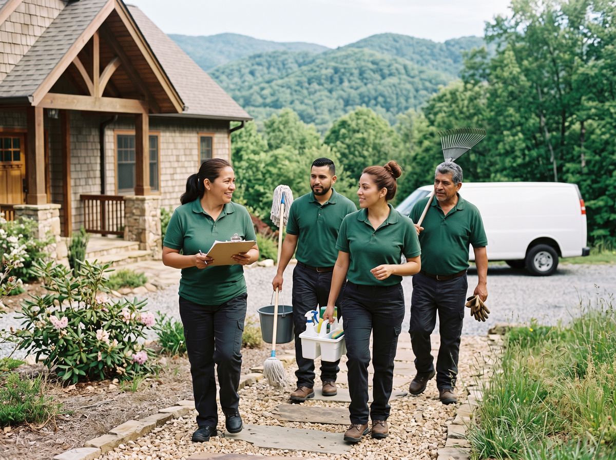 A crew of four in green polo shirts walking up to a mountain home with cleaning and yard tools